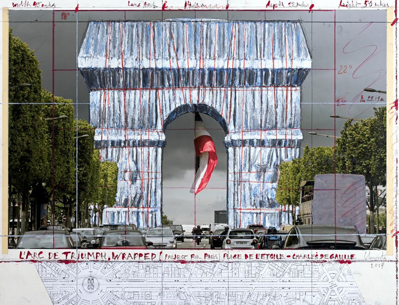 A rendering of the 2021 project. The artists envisioned wrapping L'Arc de Triomphe.