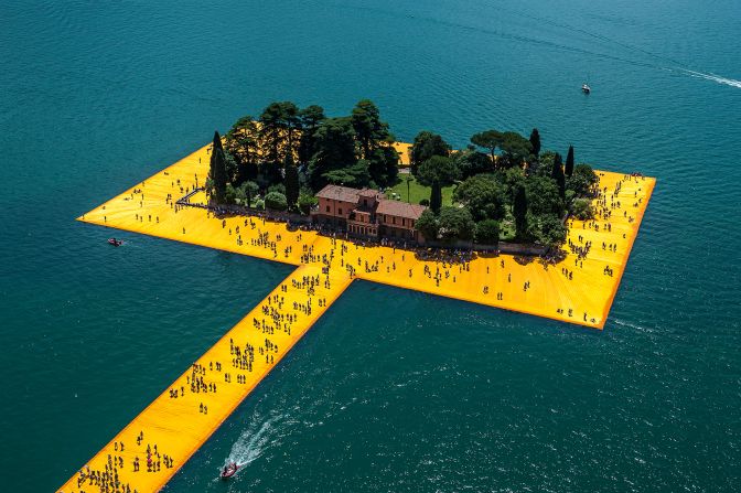 Aerial view of the installation "The Floating Piers" in Lake Iseo, Italy in June 2016.
