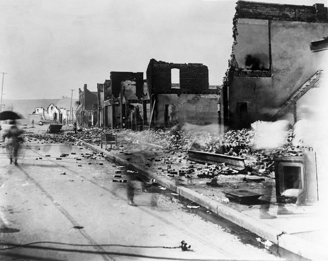 An image shows the aftermath of the white mobs that attacked black residents and businesses of the Greenwood District in Tulsa, Oklahoma. 