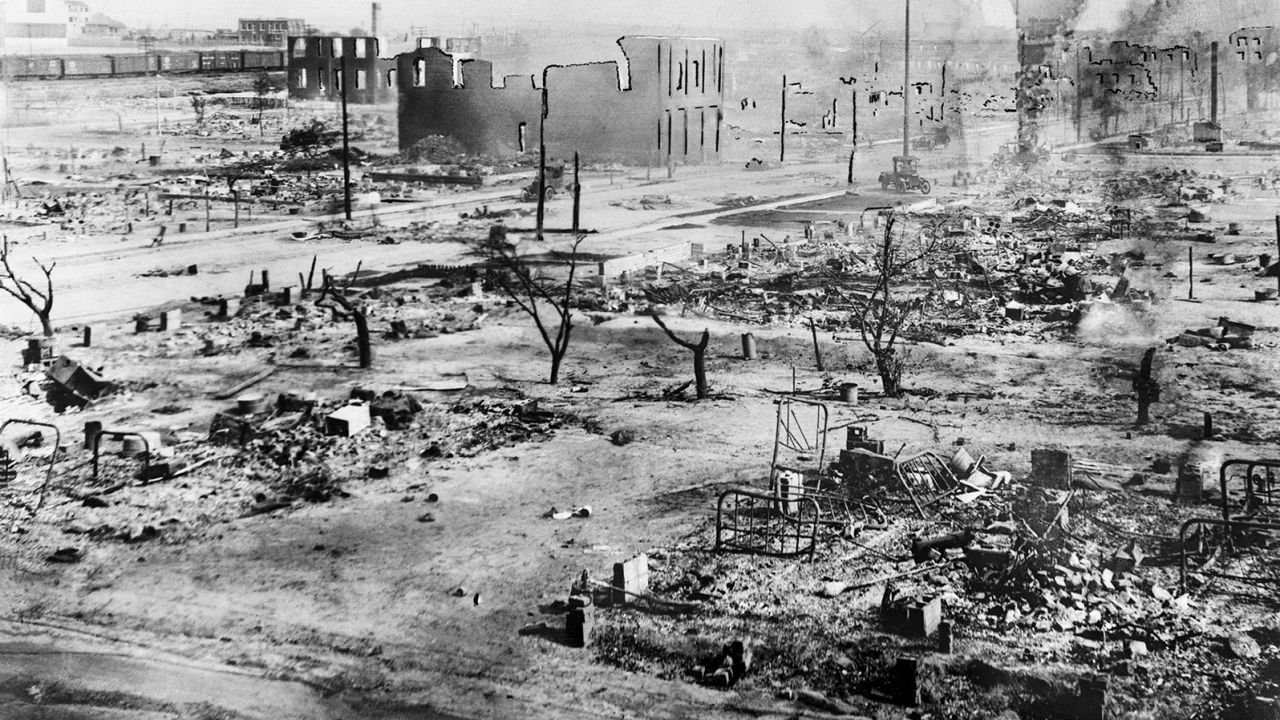 Photo shows the aftermath of the white mobs that attacked black residents and businesses of the Greenwood District in Tulsa, Oklahoma.