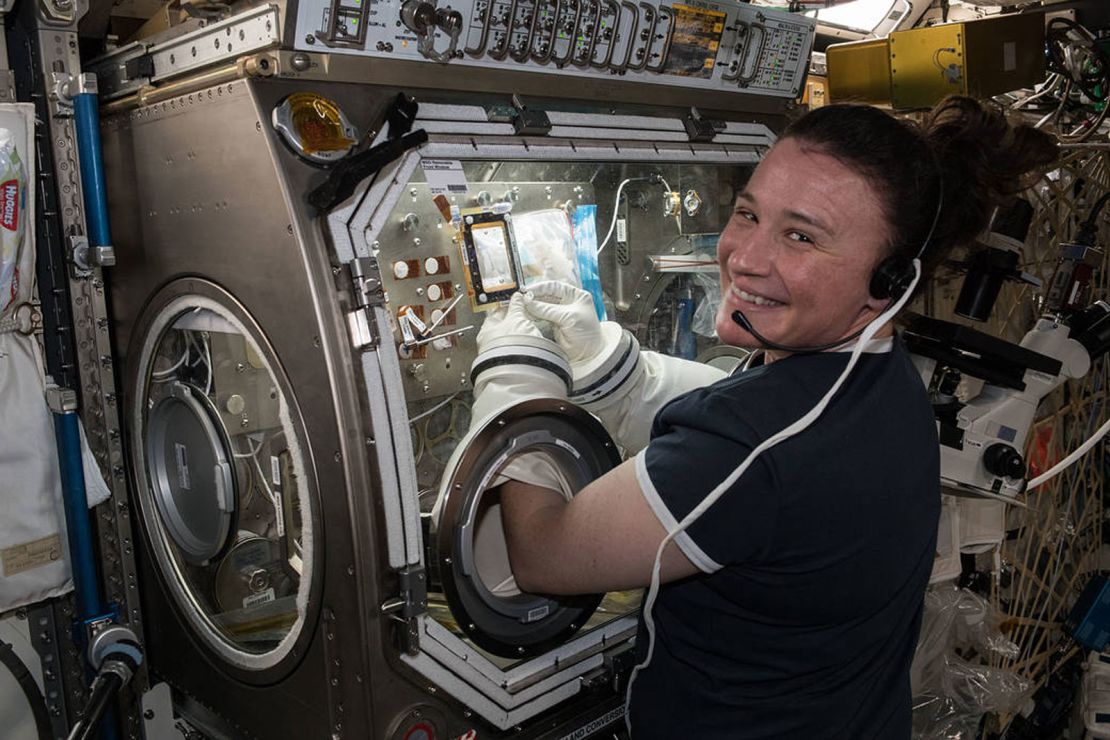 Serena Auñón-Chancellor conducted research aboard the International Space Station for the AngieX Cancer Therapy study inside the Microgravity Science Glovebox on July 3, 2018.