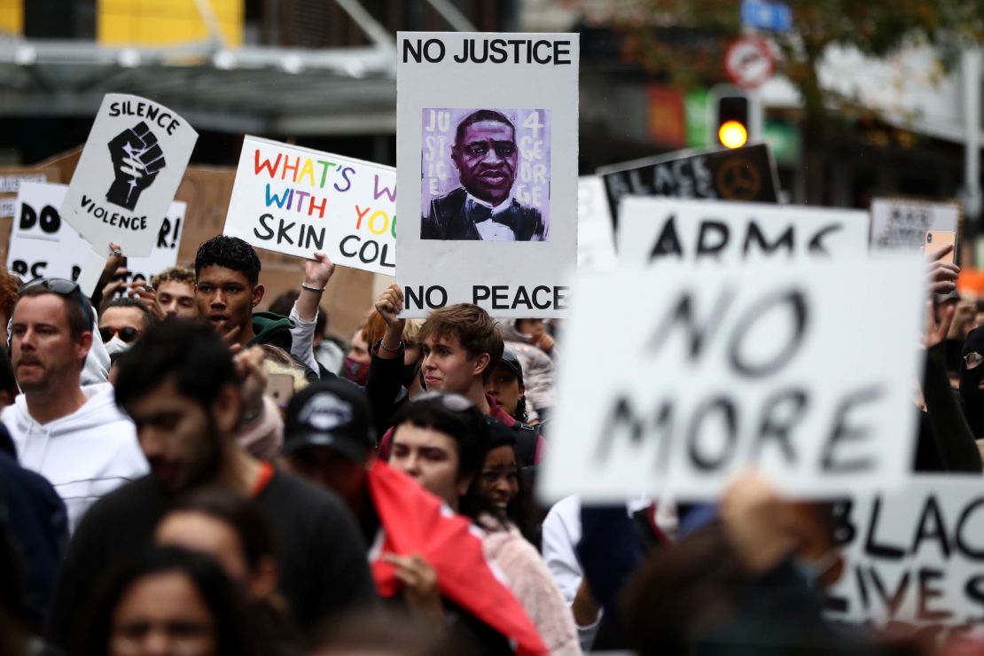 Protestors march down Queen Street in Auckland, New Zealand on Monday, June 1.