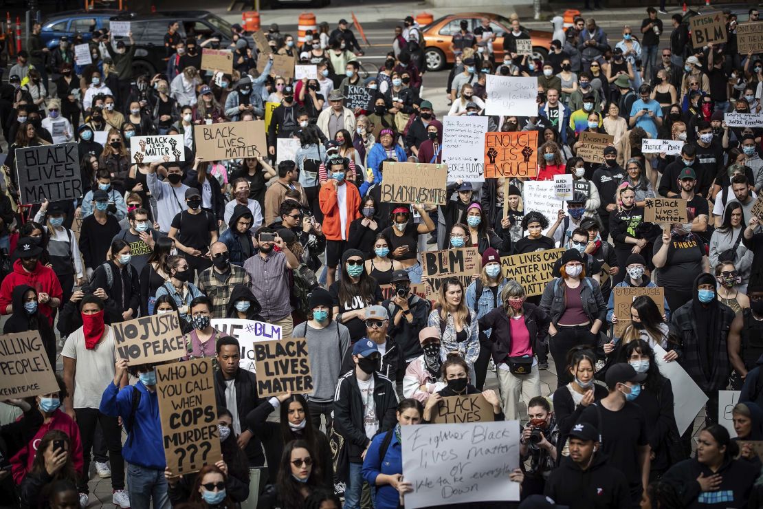 Thousands of people gather for a peaceful demonstration to protest against racism in Vancouver on Sunday, May 31.