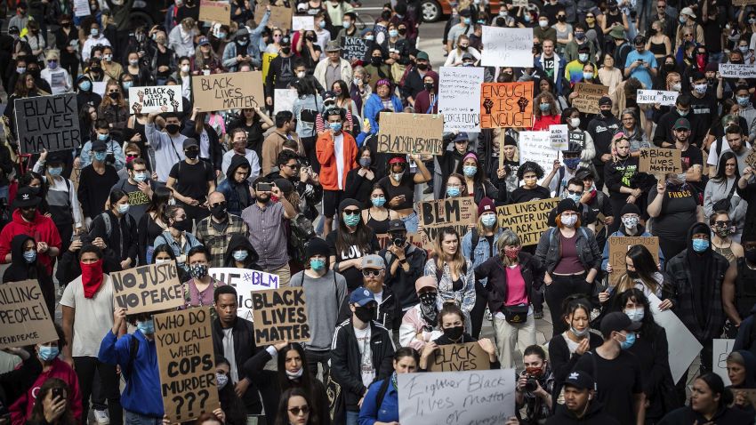 Thousands of people gather for a peaceful demonstration in support of George Floyd and Regis Korchinski-Paquet and protest against racism, injustice and police brutality, in Vancouver, on Sunday, May 31, 2020. (Darryl Dyck/The Canadian Press via AP)