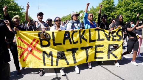 People protest during a Black Lives Matter demonstration in front of the US Embassy in Copenhagen, Denmark, on Sunday, May 31