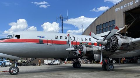 The Douglas DC-6B Cloudmaster prepares for its last flight in Fairbanks, Alaska, in May. 