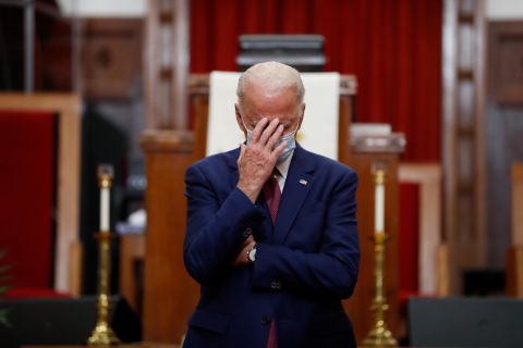 Joe Biden, the presumptive Democratic presidential nominee, touches his face while speaking at a church in Wilmington, Delaware, on Monday, June 1. As he spoke with African-American leaders, <a href="https://www.cnn.com/2020/06/01/politics/joe-biden-institutional-racism-wilmington/index.html" target="_blank">Biden pledged to take steps to combat institutional racism</a> and re-establish a police oversight body at the Justice Department.