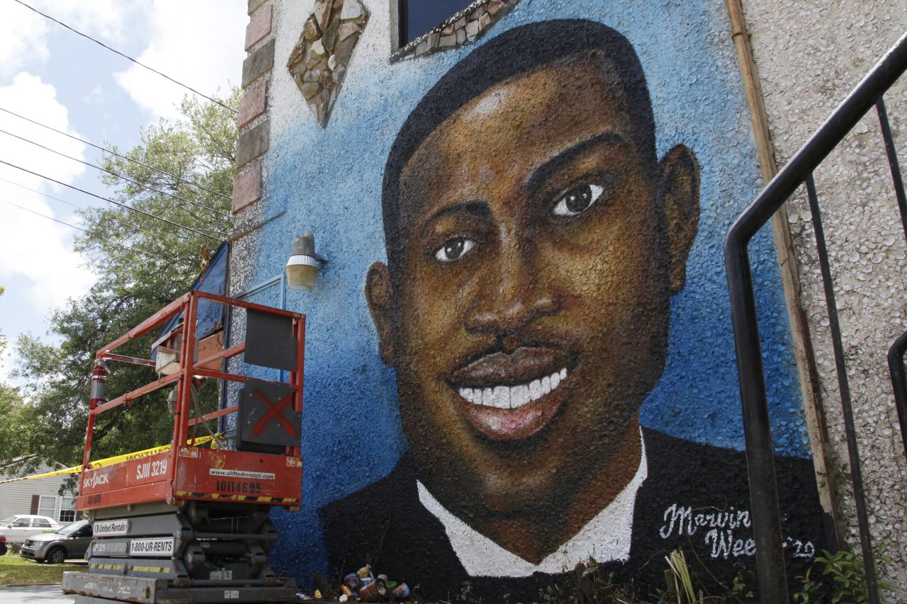 A recently painted mural of Ahmaud Arbery is on display in Brunswick, Georgia, where the 25-year-old man was shot and killed in February. It was painted by Miami artist Marvin Weeks. <br />