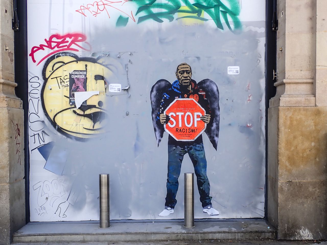 Graffiti in memory of George Floyd by Italian street artist TVBoy in Barcelona, Spain.