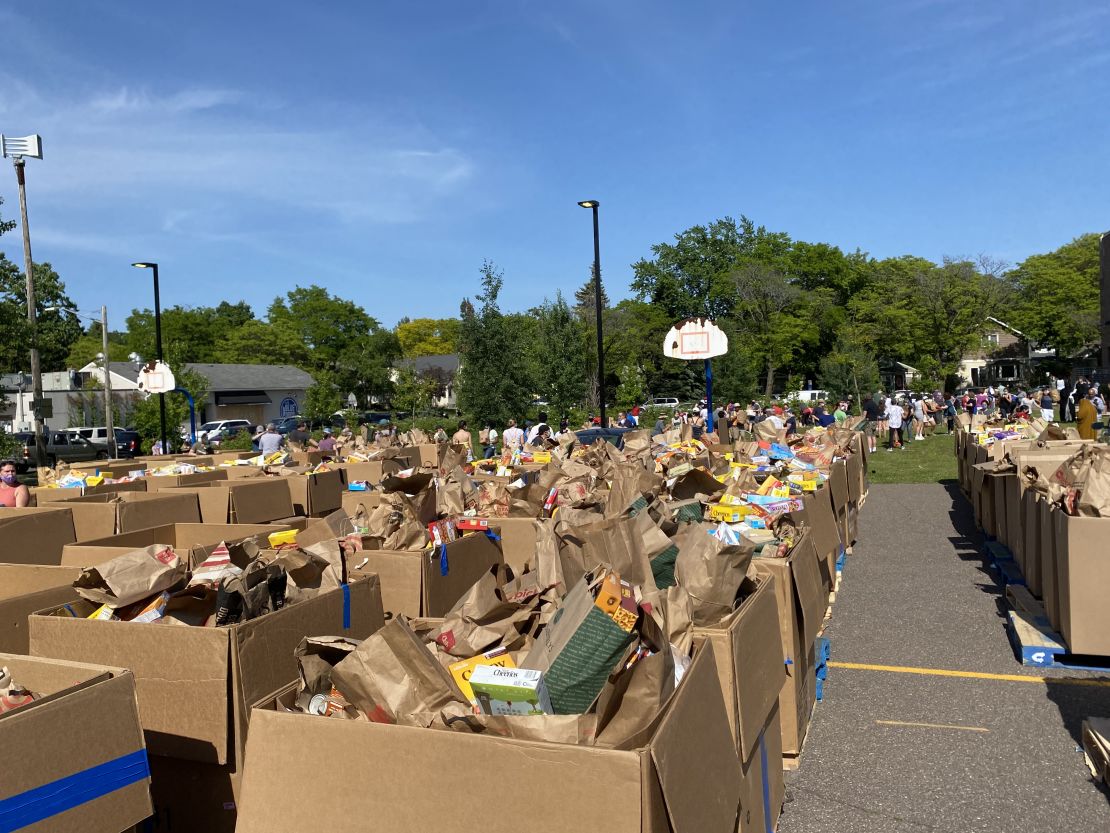 Donations ready to be sorted at the Sanford Middle School in Minneapolis.