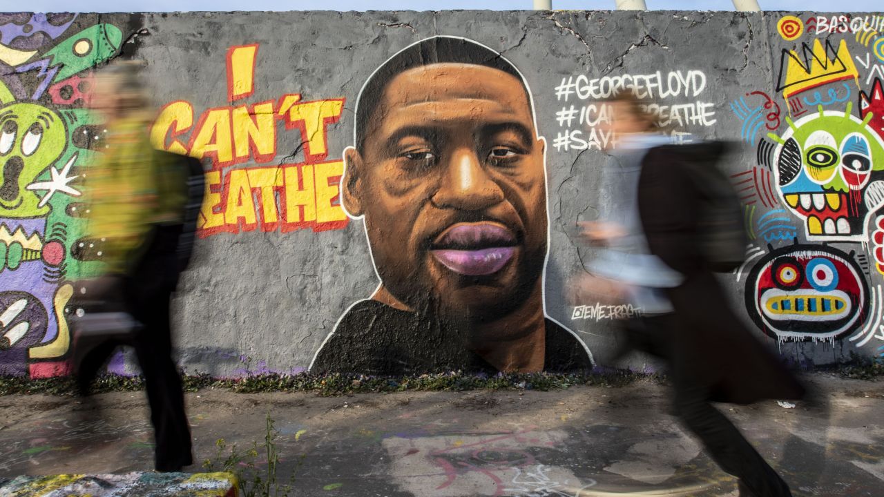 A mural of George Floyd painted by the artist Eme Freethinker on a wall at Mauerpark in Berlin on May 30.