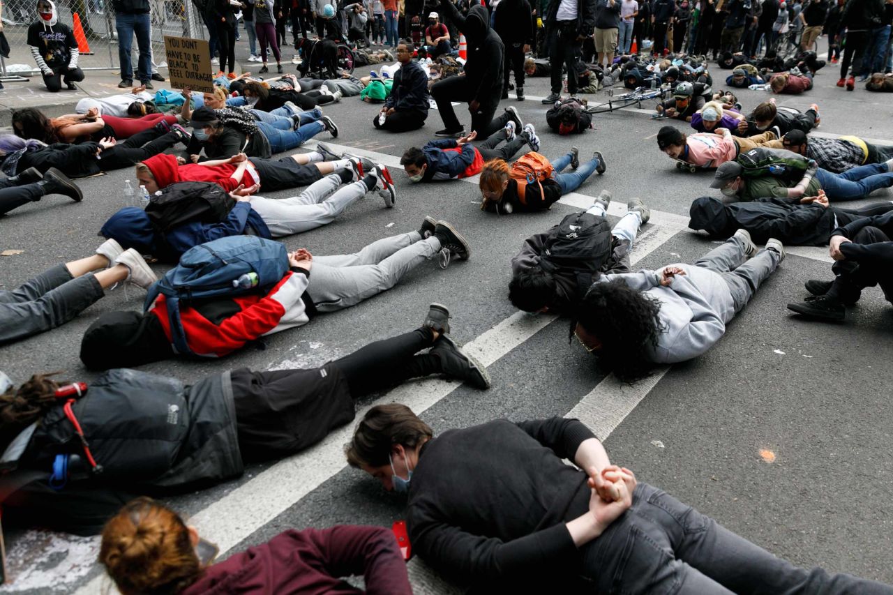 People stage a "die-in" protest in Portland, Oregon, on May 31.