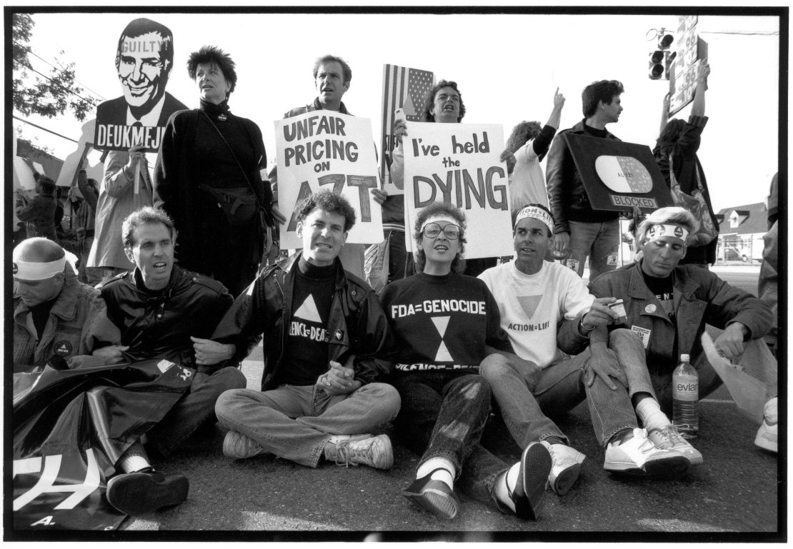 ACT UP protesters close the FDA building to demand the release of experimental medication for those living with HIV/AIDS. The demonstration was held outside the FDA headquarters in Rockville, Maryland, on October 11, 1988.