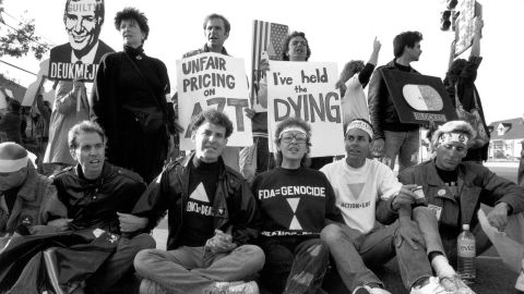 ACT UP protesters close the FDA building to demand the release of experimental medication for those living with HIV/AIDS. The demonstration was held outside the FDA headquarters in Rockville, Maryland, on October 11, 1988.