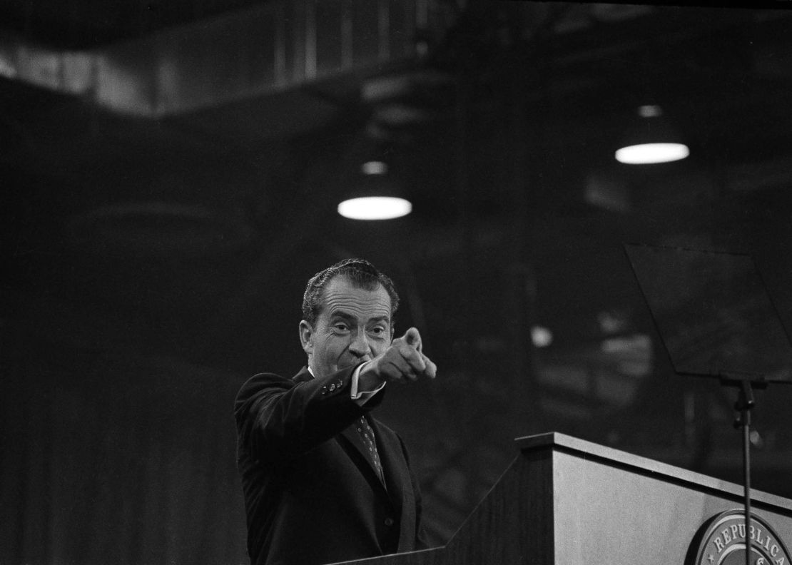 Richard M. Nixon makes his acceptance speech to the Republican National Convention in Miami Beach, Florida, in August 1968.