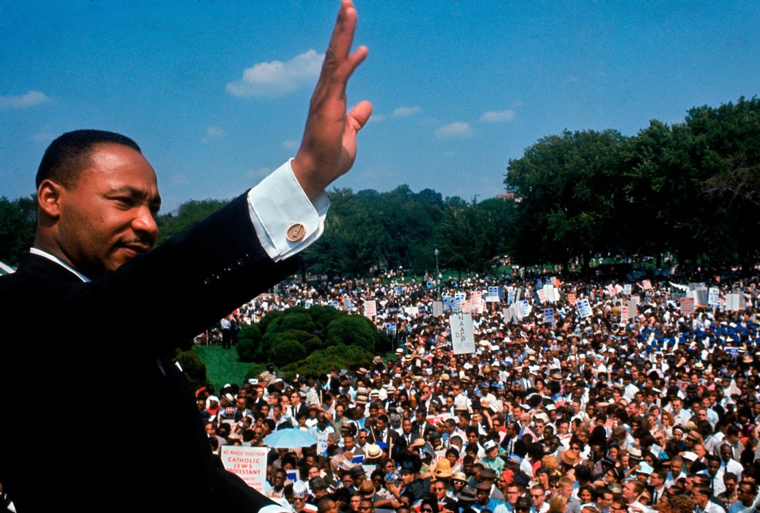Dr. Martin Luther King Jr. addressing a crowd of demonstrators outside the Lincoln Memorial during the March on Washington for Jobs and Freedom.