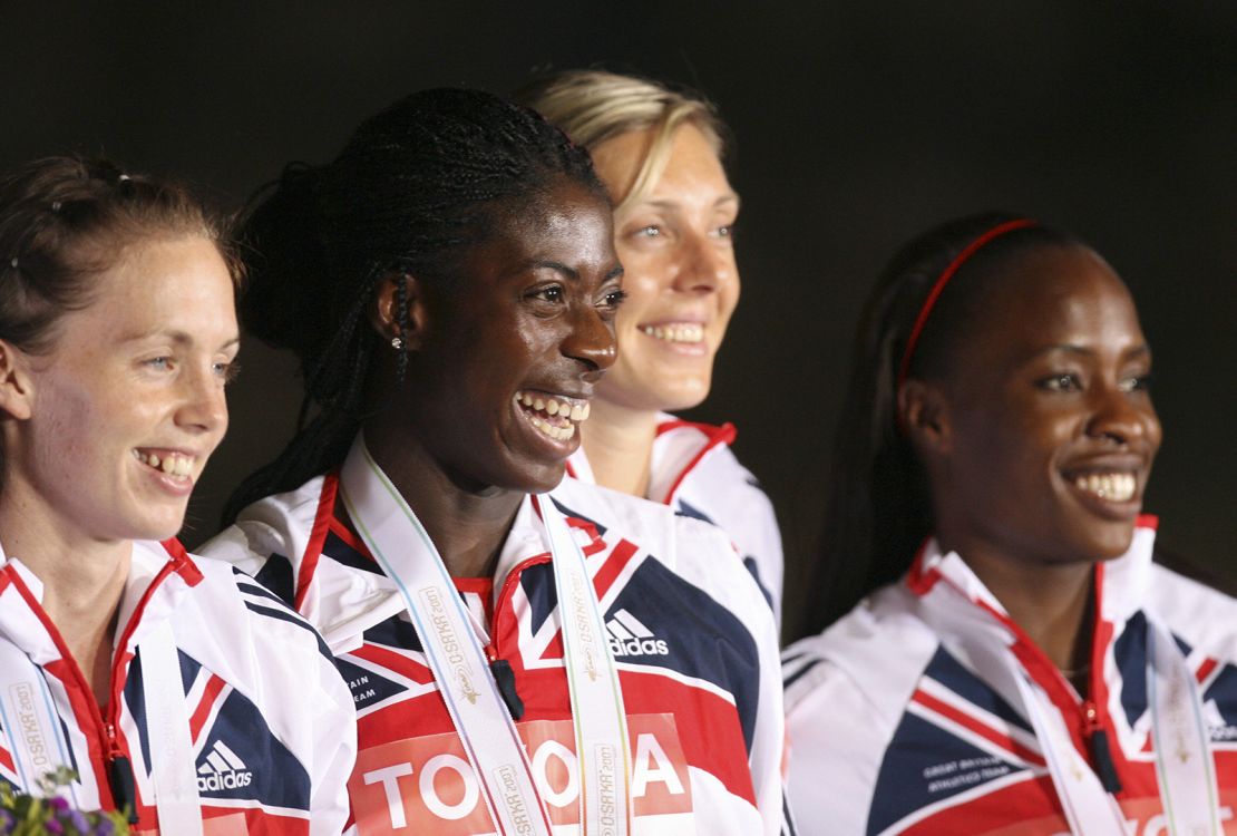Britain's Lee Mcconnell, Christine Ohuruogu, Nicola Sanders and Okoro celebrate on the podium after the women's 4x400m relay final, 02 September 2007, at the 11th IAAF World Athletics Championships, in Osaka. USA won ahead of Jamaica and Britian.