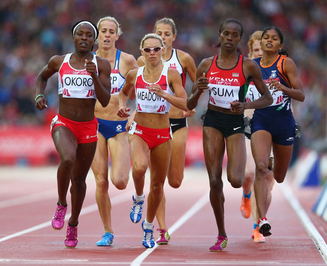 Okoro, Jenny Meadows of England and Eunice Jepkoech Sum of Kenya compete in the Women's 800m semifinal at Hampden Park during day eight of the Glasgow 2014 Commonwealth Games on July 31, 2014 in Glasgow.