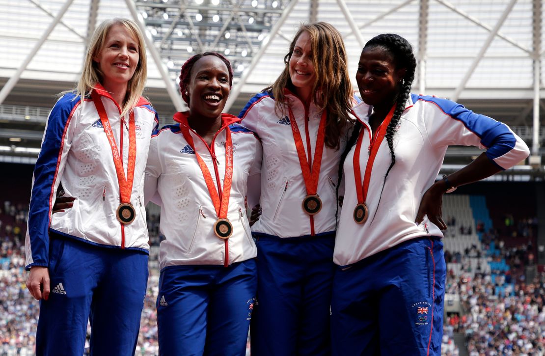 GB's women's 4x400m relay team celebrate receiving their reallocated bronze medals, from the 2008 Beijing Olympic Games during Day One of the Muller Anniversary Games at the London Stadium on July 21, 2018 in London, England.