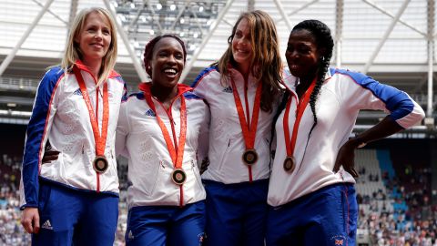 GB's women's 4x400m relay team celebrate receiving their reallocated bronze medals, from the 2008 Beijing Olympic Games during Day One of the Muller Anniversary Games at the London Stadium on July 21, 2018 in London, England.