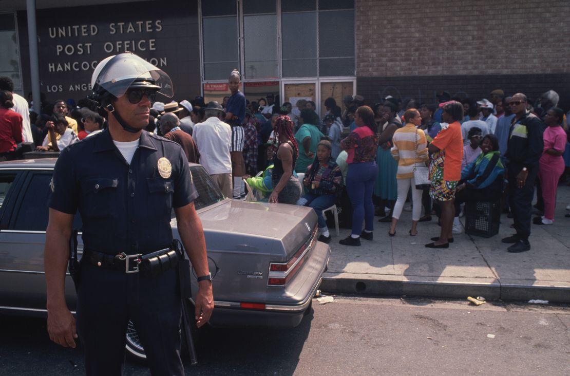 Demonstrators gather near the Los Angeles post office during the 1992 riots.