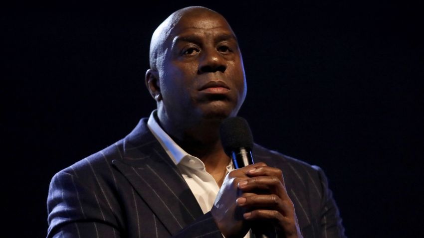 CHICAGO, ILLINOIS - FEBRUARY 16: Magic Johnson speaks to the crowd before the 69th NBA All-Star Game at the United Center on February 16, 2020 in Chicago, Illinois. NOTE TO USER: User expressly acknowledges and agrees that, by downloading and or using this photograph, User is consenting to the terms and conditions of the Getty Images License Agreement. (Photo by Jonathan Daniel/Getty Images)