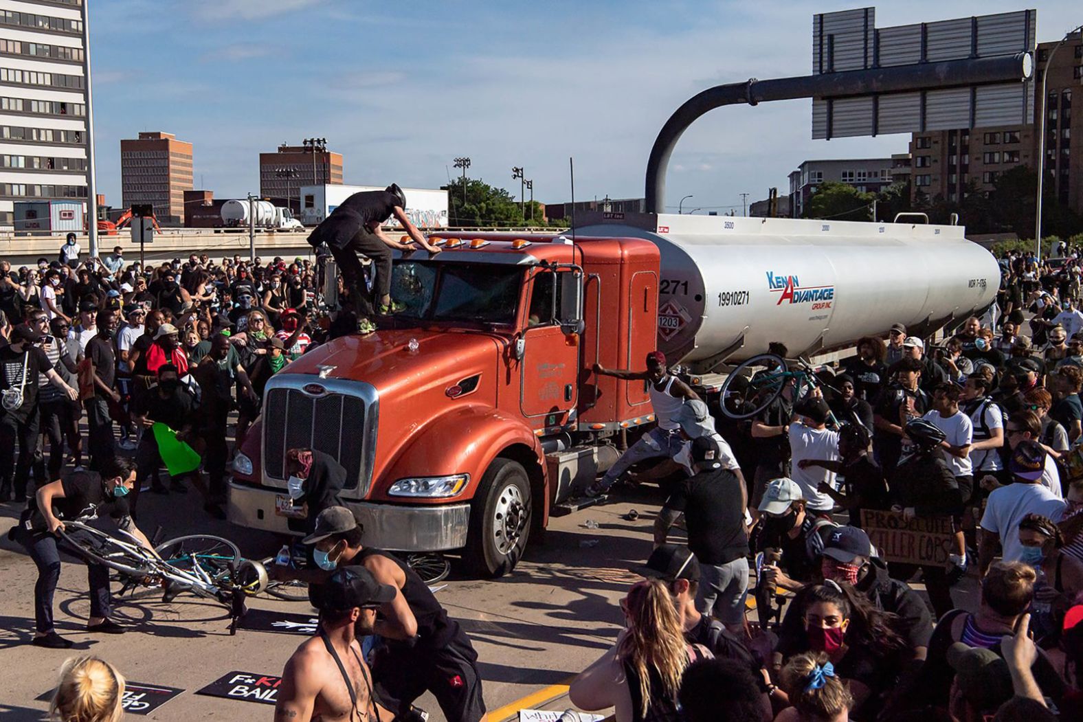 A tractor-trailer <a href="https://www.cnn.com/us/live-news/george-floyd-protests-05-31-20/h_3c5a64acb64d7769dd91f1ce61ae9a8f" target="_blank">drives into a crowd of protesters</a> in Minneapolis on May 31. As the driver tried to speed up, protesters overtook the vehicle and the driver stopped, video showed.