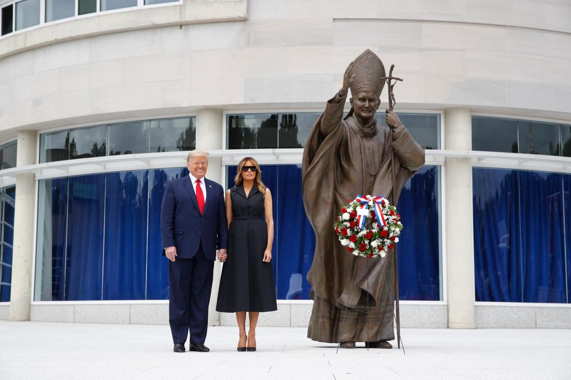 President Trump and first lady Melania Trump visit Saint John Paul II National Shrine onTuesday in Washington.
