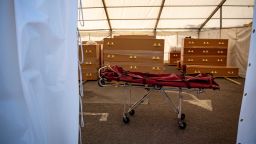 A stretcher which had been used recently to transport a body into a temporary morgue at a mosque in Birmingham.