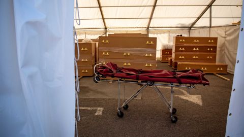 A stretcher which had been used recently to transport a body into a temporary morgue at a mosque in Birmingham, central England.