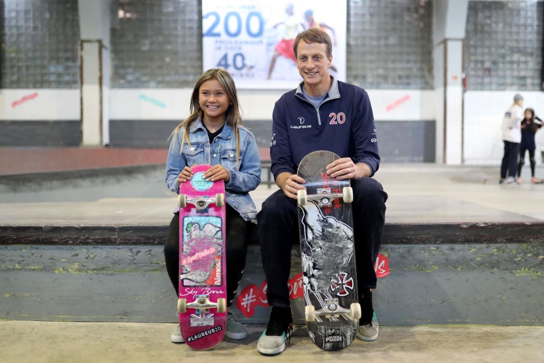 Brown (left) and Laureus Academy Member Tony Hawk pose during the Laureus Sport for Good Skateboard Visit prior to the 2020 Laureus World Sports Awards.