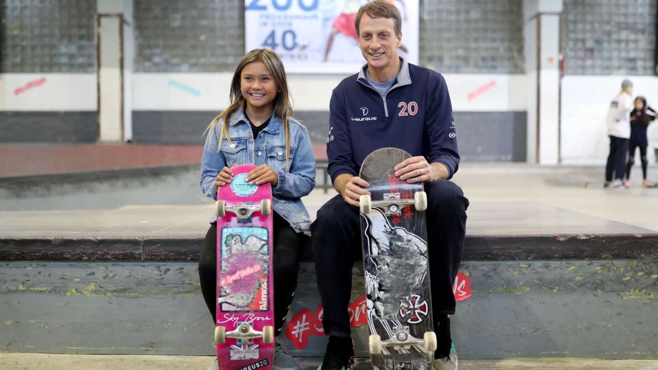 Brown (left) and Laureus Academy Member Tony Hawk pose during the Laureus Sport for Good Skateboard Visit prior to the 2020 Laureus World Sports Awards.