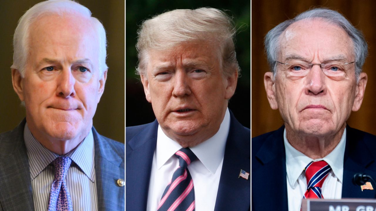 At left, Sen. John Cornyn of Texas; at center, President Donald Trump, and at right, Sen. Chuck Grassley of Iowa. All men pictured are Republicans.