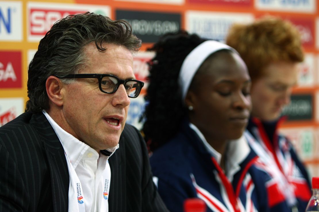 Charles Van Commenee, Marilyn Okoro and Greg Rutherford of Great Britain speak ahead of the European Athletics Indoor Championships at the Oval Lingotto on March 5, 2009 in Torino, Italy.