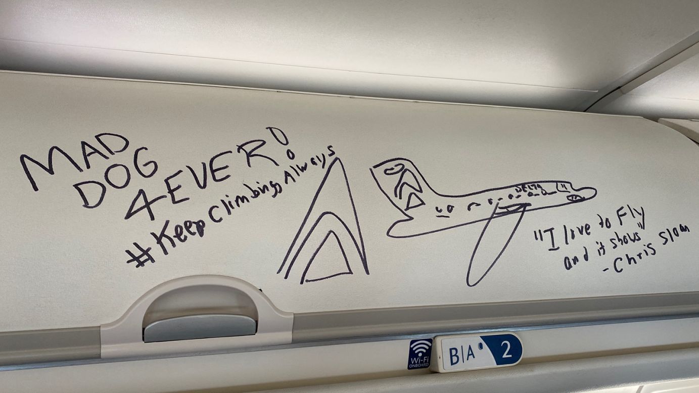<strong>A fan's inscription:</strong> The author signed the plane, complete with a drawing. Planes bound for the boneyard are sometimes signed like a cast.