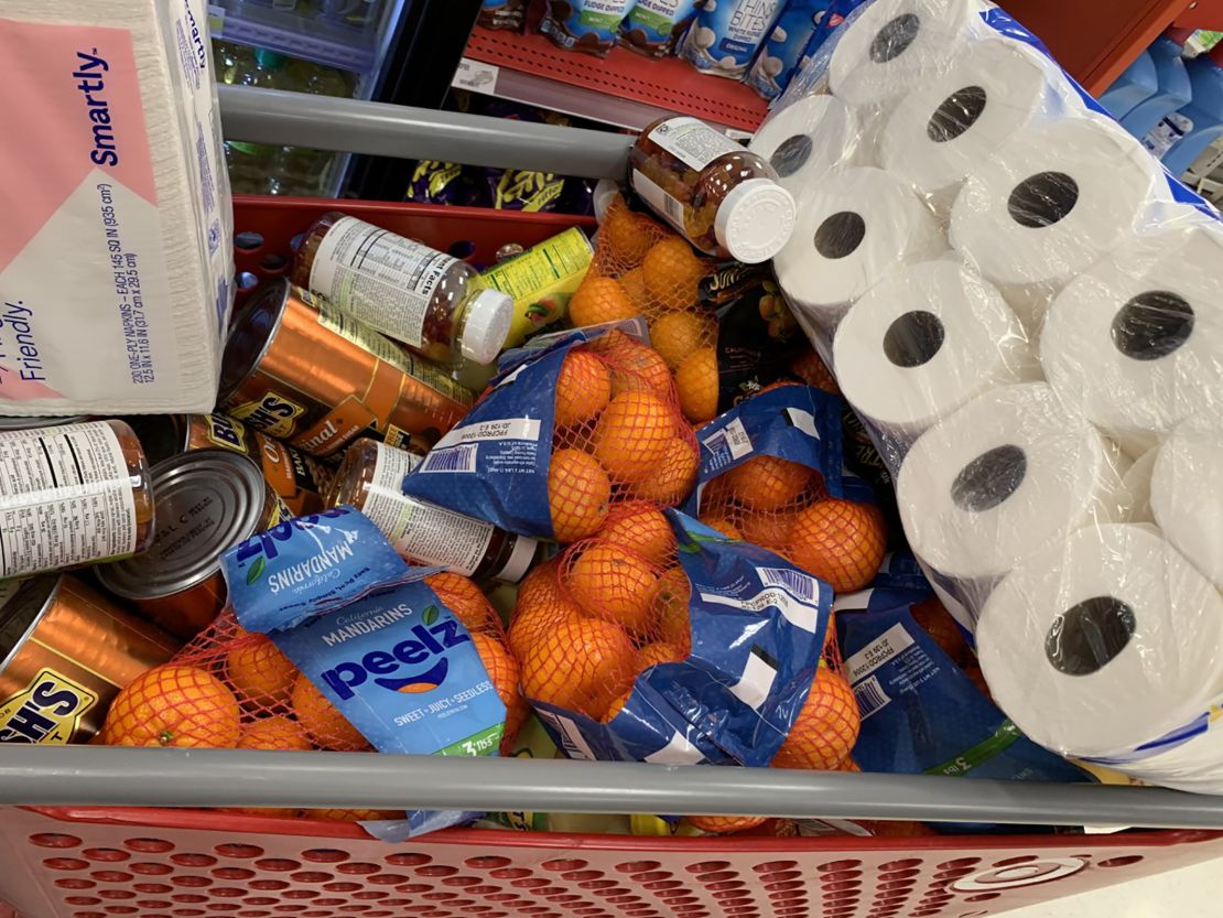 Supplies fill a shopping cart before being delivered to the Navajo Nation. 