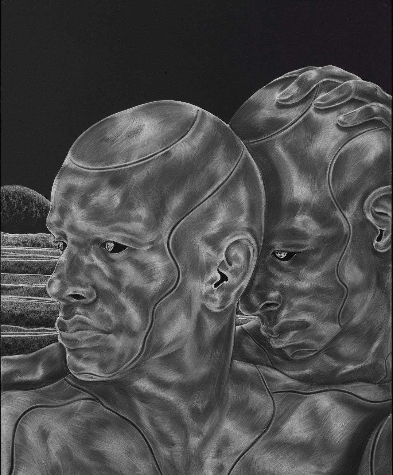 Ojih Odutola compares black skin to water, calling it "a mercurial surface, a terrain...a place where so much beauty and positivity proliferates."