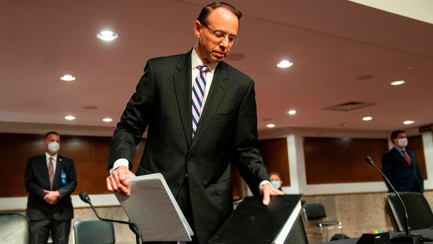 Former deputy attorney general Rod Rosenstein arrives to testify before a Republican-led Senate Judiciary Committee hearing on "Crossfire Hurricane", the FBI's probe into Russian election interference and the 2016 Trump campaign in the Dirksen Senate Office Building in Washington, DC,on June 2020. 