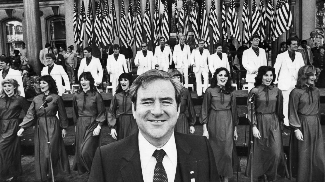 The Rev. Jerry Falwell as he led a rally against what he called liberal lawmakers on the steps of the State House in Trenton, New Jersey, on Nov. 10, 1980.