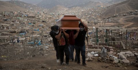People carry the coffin of a suspected coronavirus victim at the Nueva Esperanza cemetery, on the outskirts of Lima, Peru, on May 28, 2020.