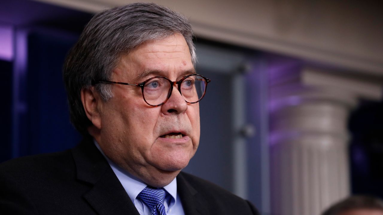 FILE - In this April 1, 2020, file photo, Attorney General William Barr speaks about the coronavirus in the James Brady Press Briefing Room of the White House in Washington. U.S. officials are vowing to "maximize federal law enforcement presence" in the nation's capital after days of violent demonstrations. (AP Photo/Alex Brandon, File)