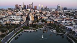 LOS ANGELES, CALIFORNIA - APRIL 15: An aerial view shows MacArthur Park and downtown in the midst of the coronavirus pandemic, on April 15, 2020 in Los Angeles, California. Environmental Protection Agency (EPA) data from March shows that Los Angeles had its longest stretch of air quality rated as "good" since 1995 as Safer-at-Home orders were issued in response to the spread of COVID-19. (Photo by Mario Tama/Getty Images)