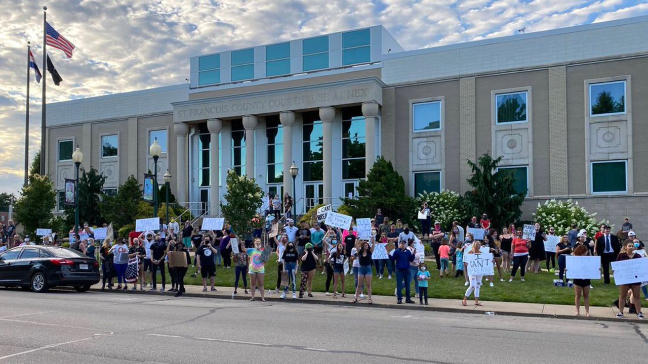 A protest in Farmington, Missouri outside the St. Francois County Courthouse. 