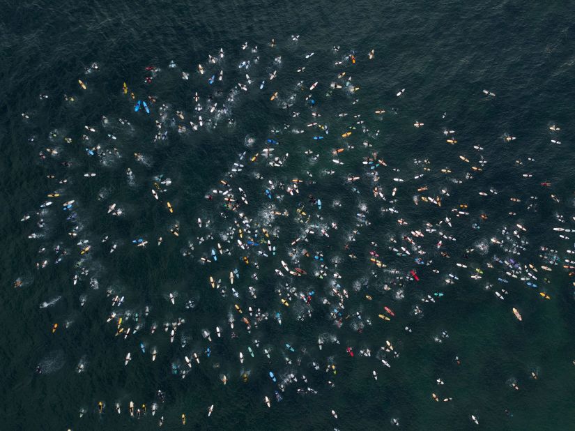 Hundreds of surfers in Encinitas, California, gather in support of Black Lives Matter on June 3.