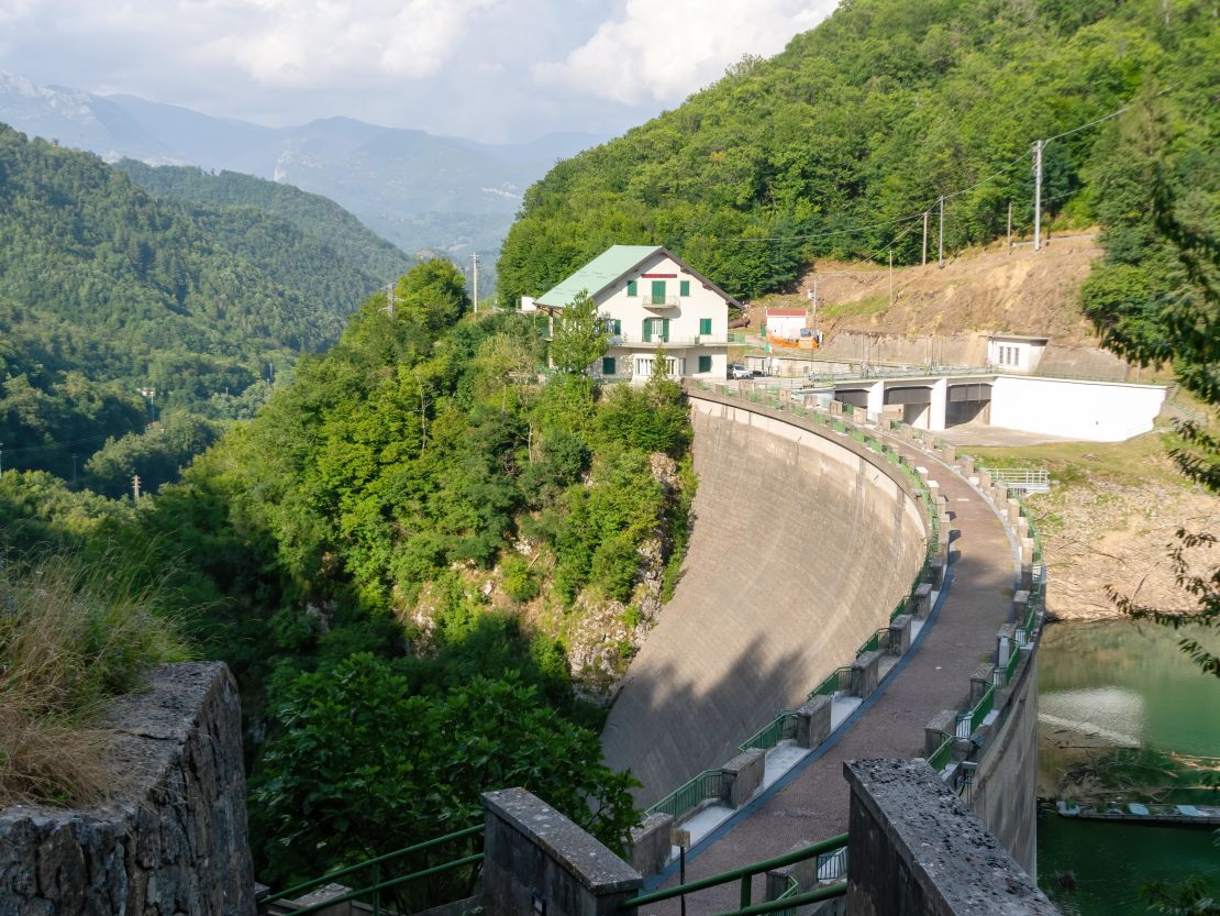 Enel's dam on Lake Vagli. Built to provide hydroelectric power, it submerged a village.