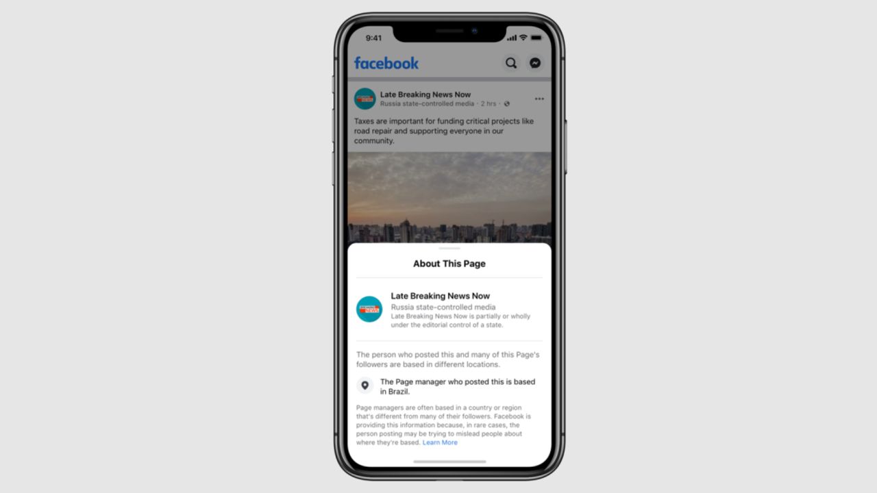 A mockup image representing how Facebook plans to identify state-backed media content. Facebook users in the US will soon start seeing the state-controlled media labels on individual posts.
