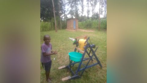 Stephen Wamukota's machine has two pedals to release soap and water 