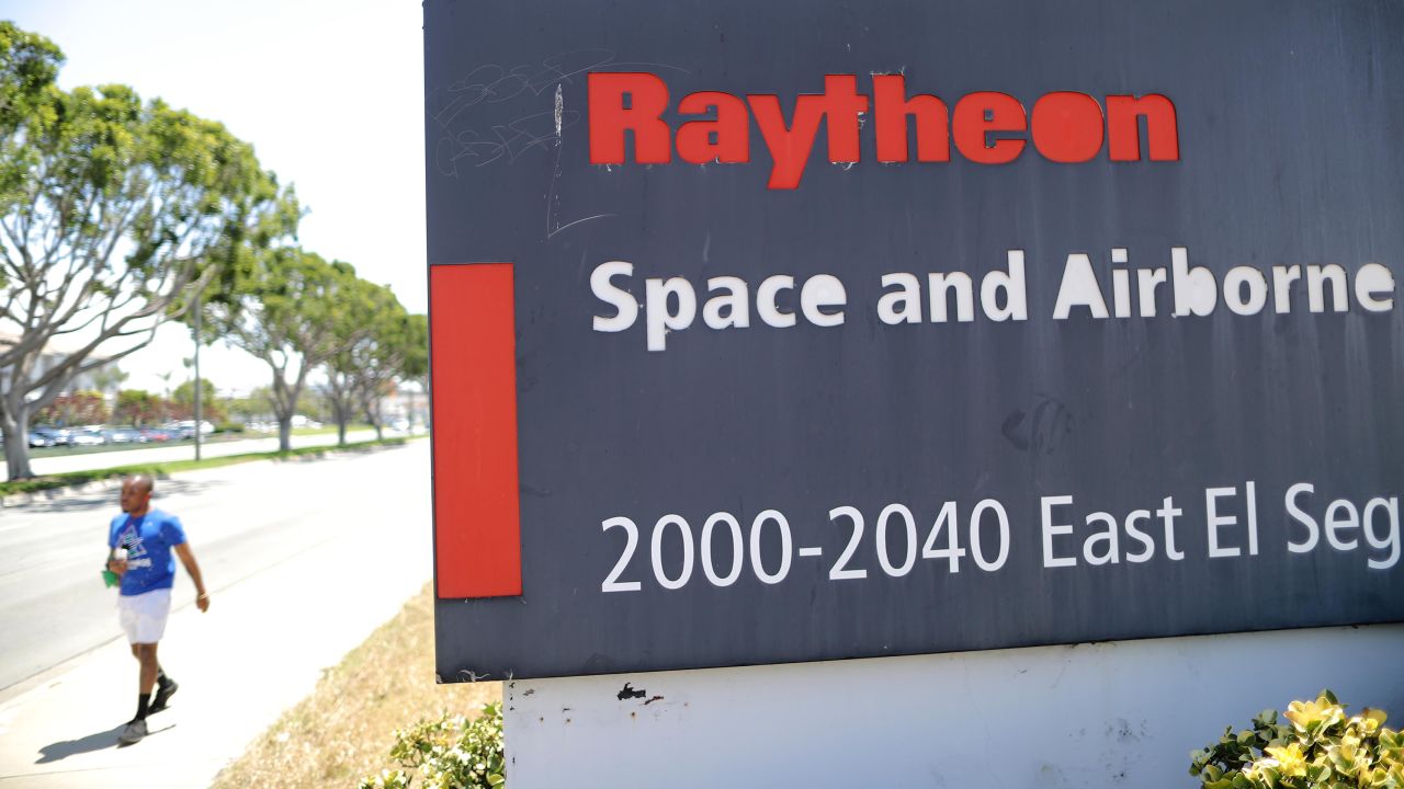 A sign is posted at a Raytheon Co. campus on June 10, 2019 in El Segundo, California.