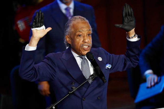 The Rev. Al Sharpton delivers a eulogy at Thursday's memorial. "George Floyd should not be among the deceased," <a href="index.php?page=&url=https%3A%2F%2Fwww.cnn.com%2Fus%2Flive-news%2Fgeorge-floyd-protests-06-04-20%2Fh_51321f34d54548a9182bad81887f2a3d" target="_blank">Sharpton said.</a> "He did not die of common health conditions. He died of a common American criminal-justice malfunction."