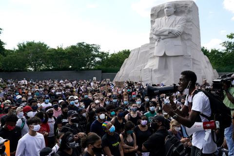 Protesters in Washington, DC, gather at the Martin Luther King Jr. Memorial on June 4.